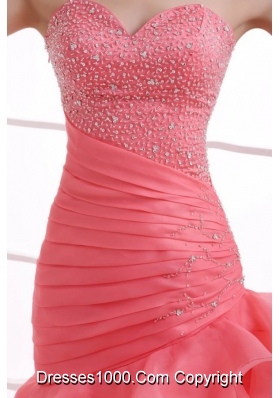 Beautiful Coral Red Mermaid Prom Dress with Beading and Ruffled Layers