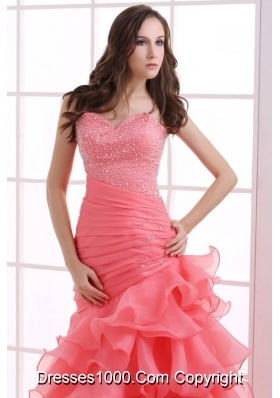 Beautiful Coral Red Mermaid Prom Dress with Beading and Ruffled Layers