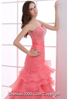 Beautiful Coral Red Mermaid Prom Dress with Beading and Ruffled Layers