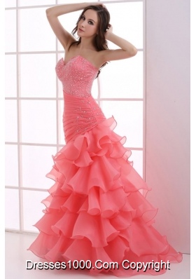 Beautiful Coral Red Mermaid Prom Dress with Beading and Ruffled Layers