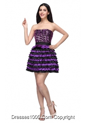 Multi-color Strapless Ruffled Layers Sequins Prom Cocktail Dress