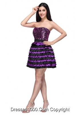 Multi-color Strapless Ruffled Layers Sequins Prom Cocktail Dress