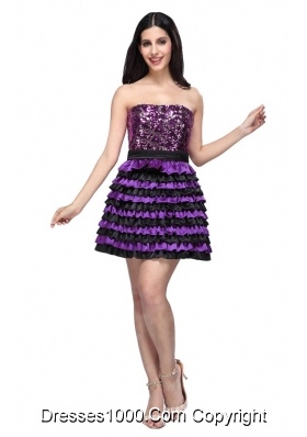 Multi-color Strapless Ruffled Layers Sequins Prom Cocktail Dress