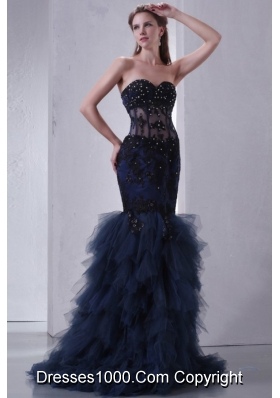 2014 Navy Blue Mermaid Sweetheart Appliques and Beading Prom Dress