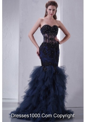 2014 Navy Blue Mermaid Sweetheart Appliques and Beading Prom Dress