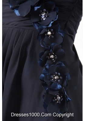 Navy Blue Strapless Hand Made Flowers Short Prom Homecoming Dress