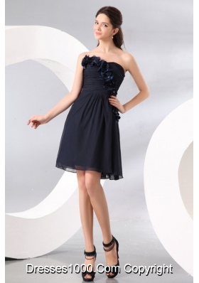 Navy Blue Strapless Hand Made Flowers Short Prom Homecoming Dress