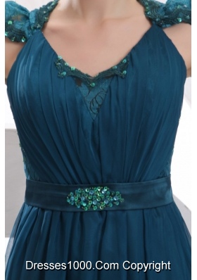 Formal Teal Prom Dress with Tulle Overlay and See-through Lace on Back