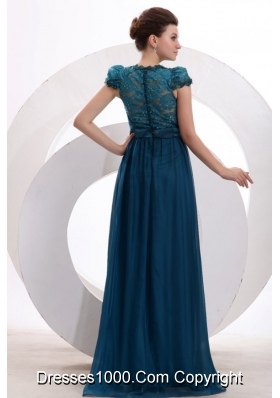 Formal Teal Prom Dress with Tulle Overlay and See-through Lace on Back