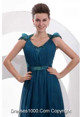 Formal Teal Prom Dress with Tulle Overlay and See-through Lace on Back