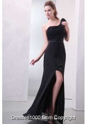 Bowknot Decorated One Shoulder High Slit Chiffon Prom Evening Dress