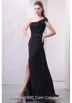 Bowknot Decorated One Shoulder High Slit Chiffon Prom Evening Dress