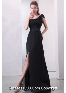 Bowknot Decorated One Shoulder High Slit Chiffon Prom Evening Dress