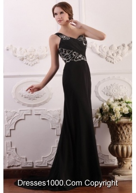 Paillettes Decorated One Shoulder Black Brush Train Prom Gown Dress