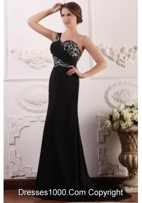 Paillettes Decorated One Shoulder Black Brush Train Prom Gown Dress