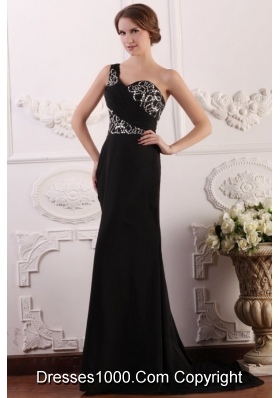 Paillettes Decorated One Shoulder Black Brush Train Prom Gown Dress