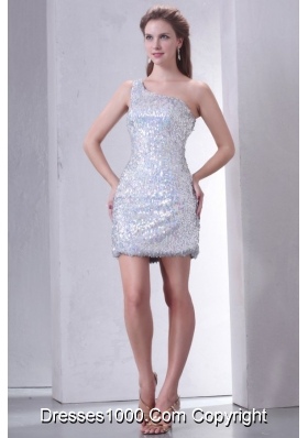 Cute Silver Mini-length One Shoulder Sequin Prom Homecoming Dress