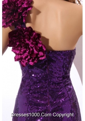 Hand Made Flowers One Shoulder Purple Column Sequins Prom Gowns