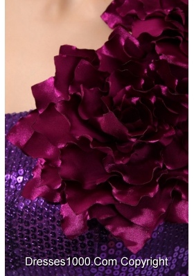 Hand Made Flowers One Shoulder Purple Column Sequins Prom Gowns