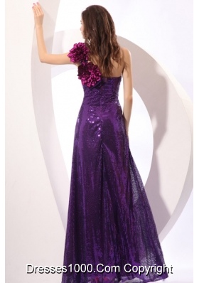 Hand Made Flowers One Shoulder Purple Column Sequins Prom Gowns