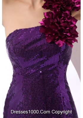 Hand Made Flowers One Shoulder Purple Column Sequins Prom Gowns