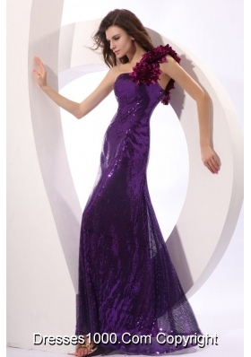 Hand Made Flowers One Shoulder Purple Column Sequins Prom Gowns