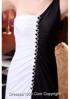 Black and White One Shoulder Full Length Prom Dresses with Beading