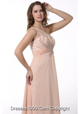 Empire Beaded One Shoulder Brush Train Prom Dress in Peach Color