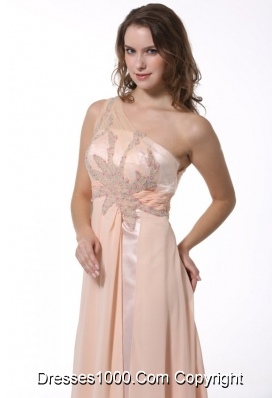 Empire Beaded One Shoulder Brush Train Prom Dress in Peach Color