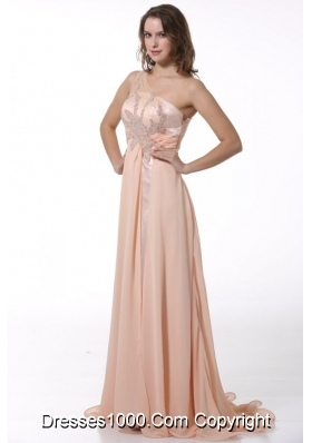 Empire Beaded One Shoulder Brush Train Prom Dress in Peach Color