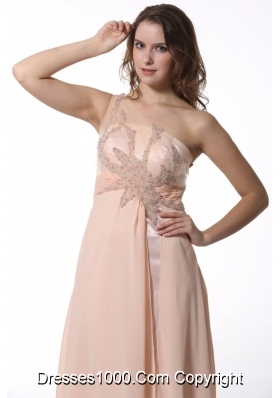 Empire Beaded One Shoulder Brush Train Prom Dress in Peach Color