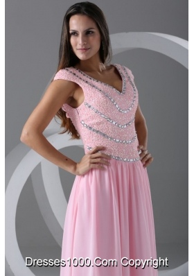 Pink Empire Beaded V-neck Cap Sleeves Sweetheart Dresses for Prom