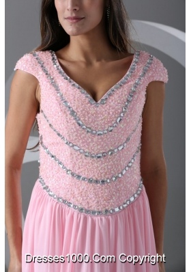 Pink Empire Beaded V-neck Cap Sleeves Sweetheart Dresses for Prom