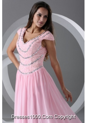 Pink Empire Beaded V-neck Cap Sleeves Sweetheart Dresses for Prom