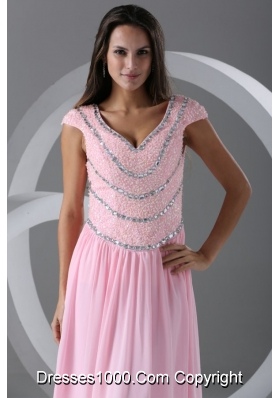 Pink Empire Beaded V-neck Cap Sleeves Sweetheart Dresses for Prom