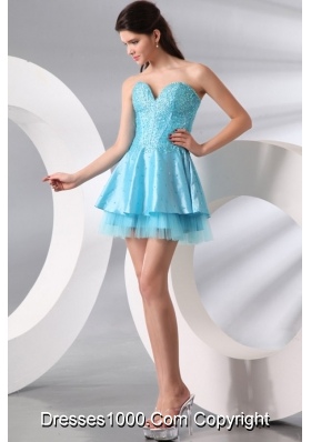 Princess Light Blue Sweetheart Mini-length Beading Prom Party Dress