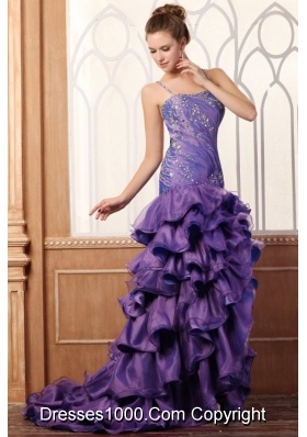 Purple Column Spaghetti Straps Prom Dresses with Beading and Layers