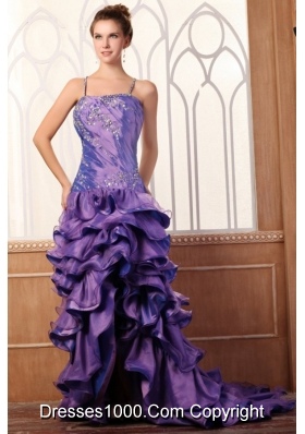 Purple Column Spaghetti Straps Prom Dresses with Beading and Layers