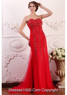 Fashion Red Column Sweetheart Brush Train Prom Dress with Beading