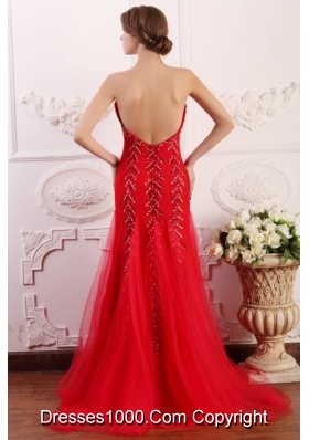 Fashion Red Column Sweetheart Brush Train Prom Dress with Beading