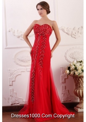 Fashion Red Column Sweetheart Brush Train Prom Dress with Beading