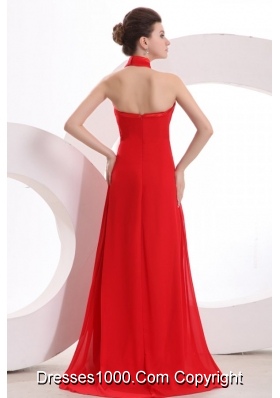 High End Red Halter Top Prom dress by Chiffon Fabric and Chapel Train