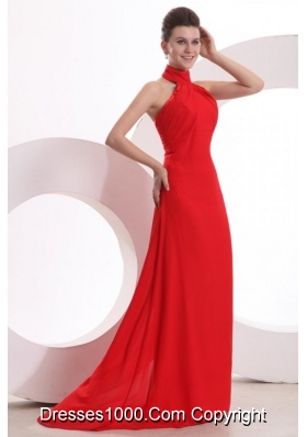 High End Red Halter Top Prom dress by Chiffon Fabric and Chapel Train