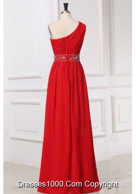 Single Shoulder Red Chiffon Prom Gown Dress with Beaded Waist