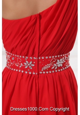 Single Shoulder Red Chiffon Prom Gown Dress with Beaded Waist