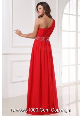 Single Shoulder Red Chiffon Prom Gown Dress with Beaded Waist