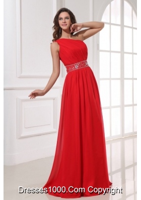 Single Shoulder Red Chiffon Prom Gown Dress with Beaded Waist