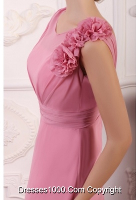 Elegant Rose Pink Empire Flowers V-neck Prom Gowns with Brush Train