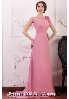 Elegant Rose Pink Empire Flowers V-neck Prom Gowns with Brush Train