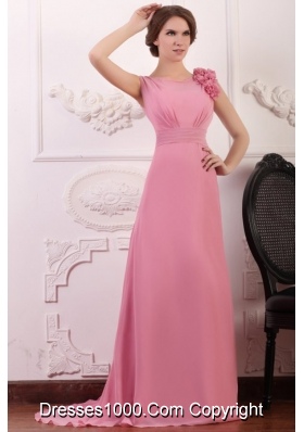 Elegant Rose Pink Empire Flowers V-neck Prom Gowns with Brush Train